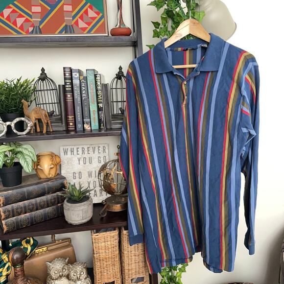 CHRISTIAN DIOR Vintage Striped Polo Shirt Blue Streetwear Retro 90s {U17}